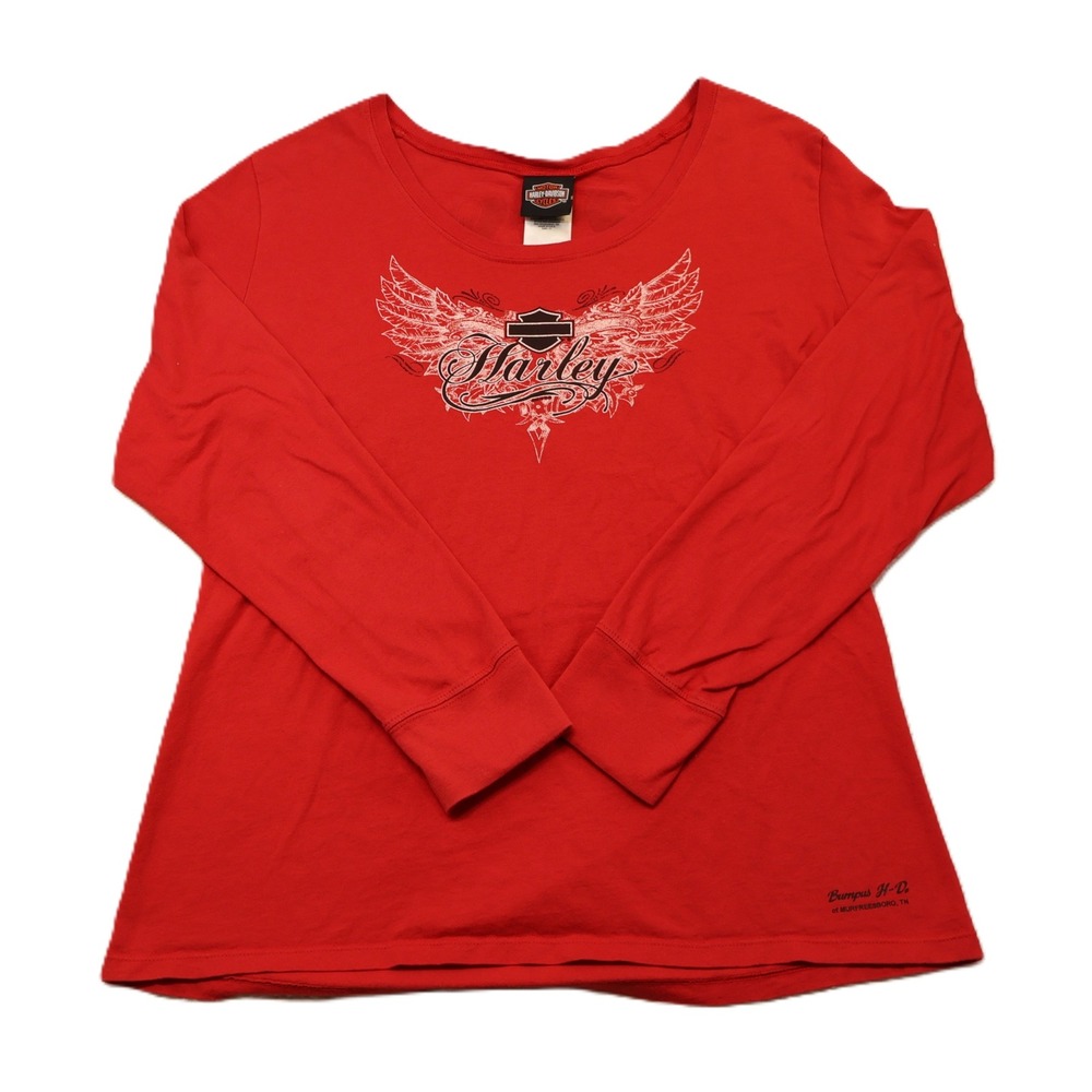Harley-Davidson Womens 1X Long Sleeve Shirt Red Winged Graphic 2010 USA Made
